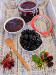 Blackberry fruits and blackberry jam