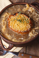French onion soup with croutons and cheese top view