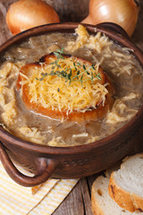 hot onion soup with croutons and ingredients. Vertical