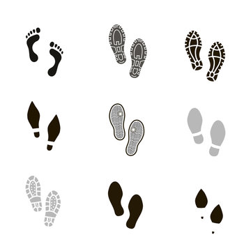 Set of footprints and shoeprints icons showing bare feet