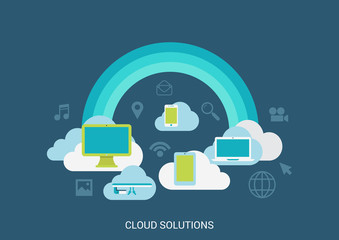 Flat vector illustration cloud computing solutions pc tablet