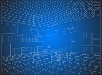 Wireframe kitchen on a blue background