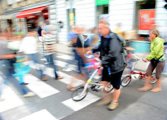 Busy city street people on zebra crossing