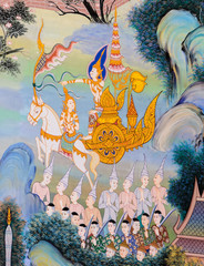 Native Thai mural painting on temple wall, Thailand © boonsom