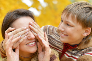 Mother and son in park