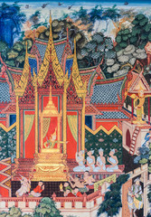 Native Thai mural painting on temple wall, Thailand