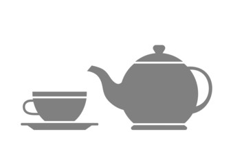 Grey teapot and teacup on white background
