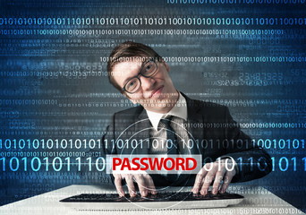 Young geek hacker stealing password