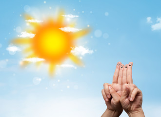 Cheerful finger smileys with bright sun and clouds illustration