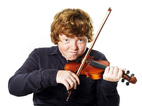 Big fat red-haired boy with small violin