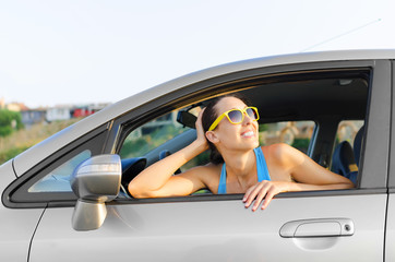 Naklejka premium Car woman driver happy