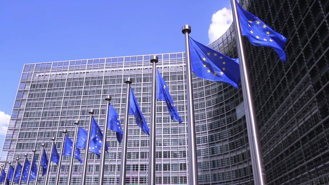European Flags in front of the European Commission in Brussels.