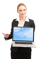 Woman holding laptop with screensaver, isolated on white