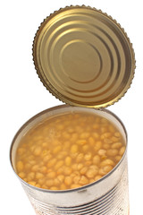 Open tin can of beans isolated on white