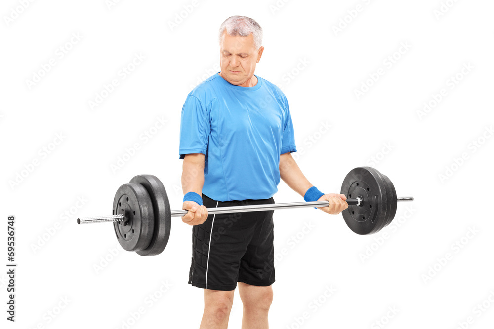 Poster Mature man exercising with a heavy barbell