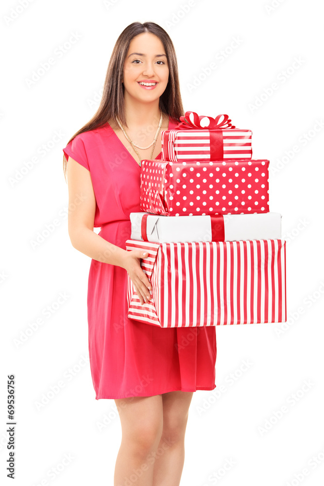 Poster Young woman holding a bunch of presents