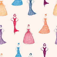 pattern of the women in the evening dresses