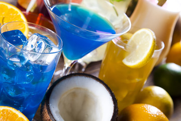 Alcohol drinks set with fruits