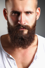 Obraz premium Portrait of handsome bearded man standing, isolated on grey bac