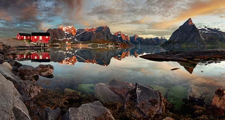 Schilderijen op glas Norway village Reine with mountain, panorama © TTstudio