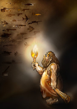 caveman discovers drawings of modern weapons