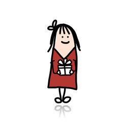 Cute girl with present box, cartoon for your design