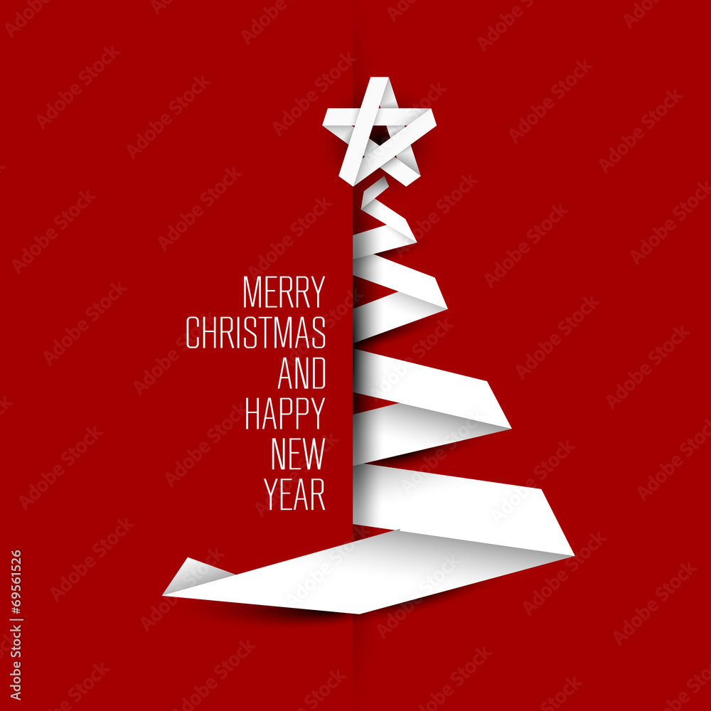 Wall mural simple vector card with christmas tree made from paper stripe