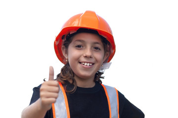 Bambino in Bambino in abiti da cantiere con casco di sicurezza