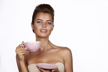 Young sexy beautiful woman cup drink tea or coffee