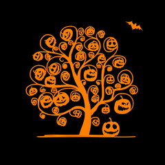 Halloween tree with pumpkins, sketch for your design