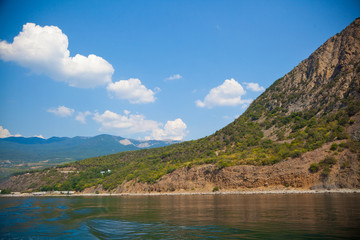 Black sea, mountains, blue sky. Crimea, Russia