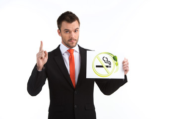 picture of young man pointing up on white background.