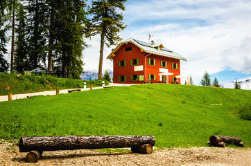 Amazing view of mountani hut, Dolomites Mountains, Italy