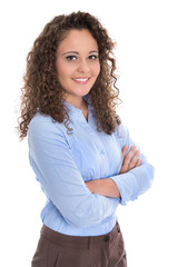 Portrait: junge Geschäftsfrau in Bluse blau isoliert
