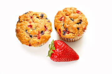 Triple Muffins with a Fresh Strawberry on White
