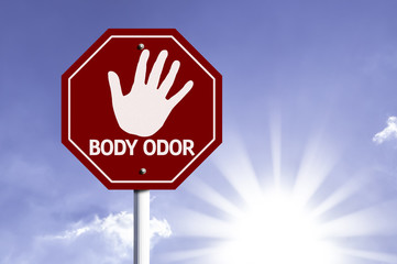 Stop Body Odor red sign with sun background