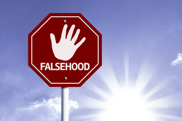 Stop Falsehood red sign with sun background