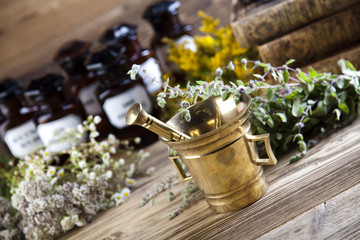 Natural medicine, herbs, mortar