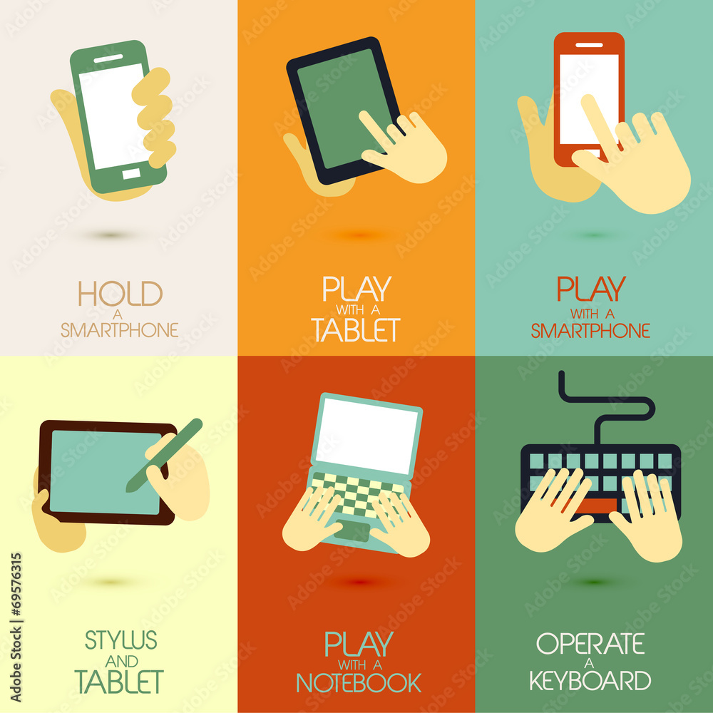 Wall mural flat design for hand holding various hi-tech devices concepts