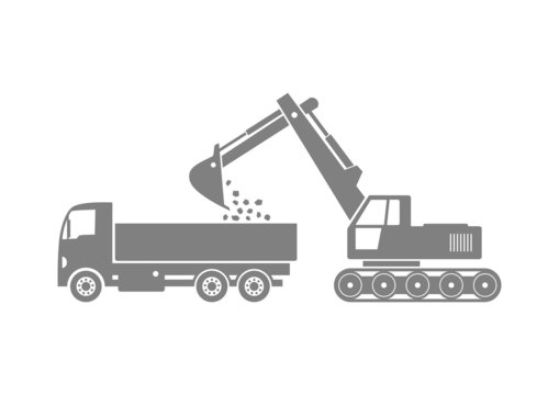 Grey truck and excavator on white background