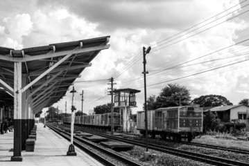 black and white railway station