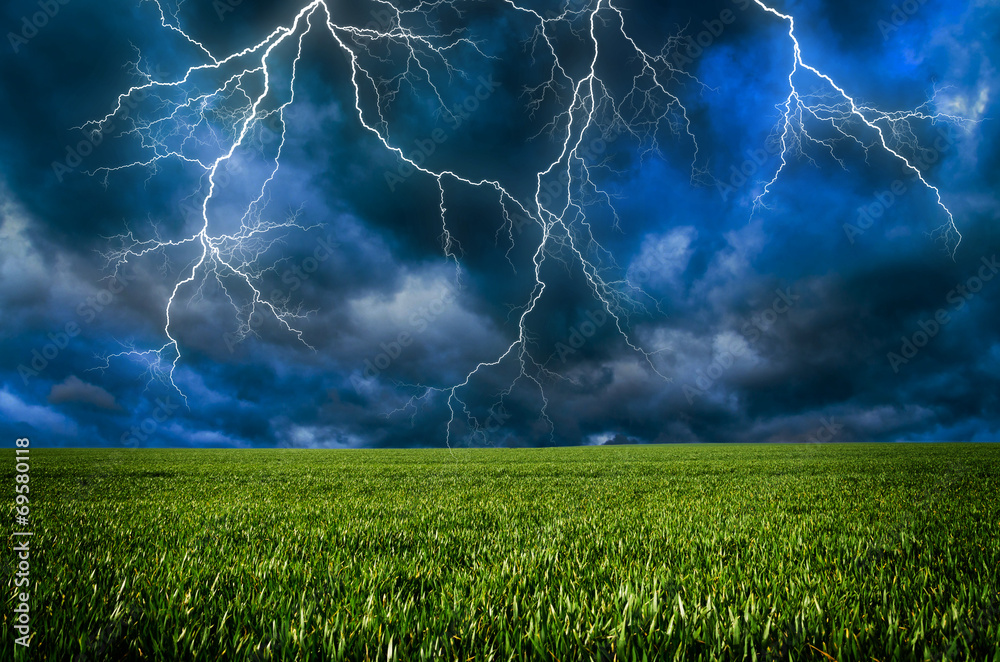 Canvas Prints thunderstorm with lightning in green meadow
