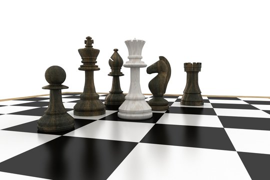 White queen surrounded by black pieces