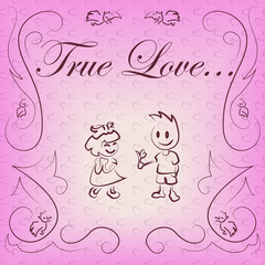linear boy and girl in love on pink background with pattern