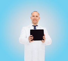 smiling male doctor with tablet pc