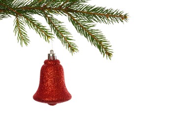 Red christmas decoration hanging from branch