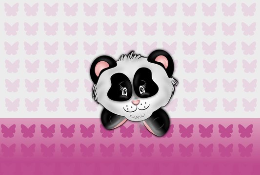 Panda head on pink butteflies background