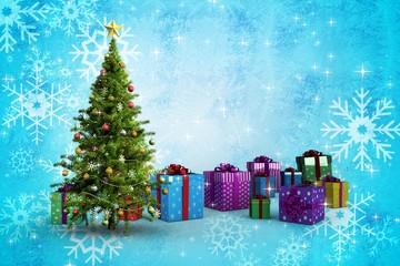 Naklejka na ściany i meble Composite image of christmas tree and presents
