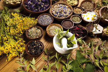 Natural medicine, herbs, mortar