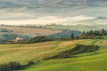 Fototapeta na wymiar Tuscan landscape at sunrise in silence and colors of peace